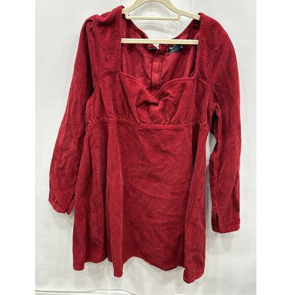 ASOS DESIGN Red Corduroy Babydoll Mini Dress Long Sleeve Empire Waist Size‎ 14 - Picture 2 of 9
